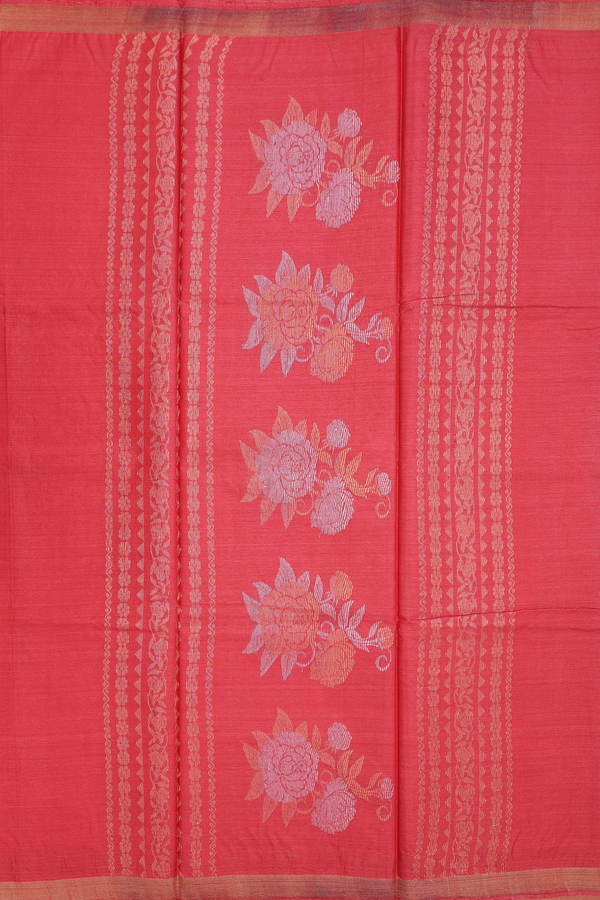 Tussar Silk Saree In Coral Red With Floral Buttas