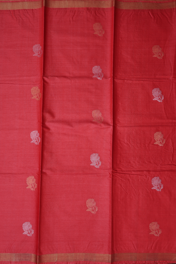 Tussar Silk Saree In Coral Red With Floral Buttas