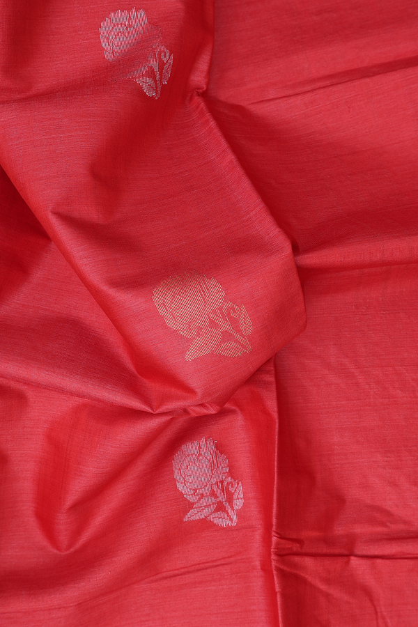 Tussar Silk Saree In Coral Red With Floral Buttas
