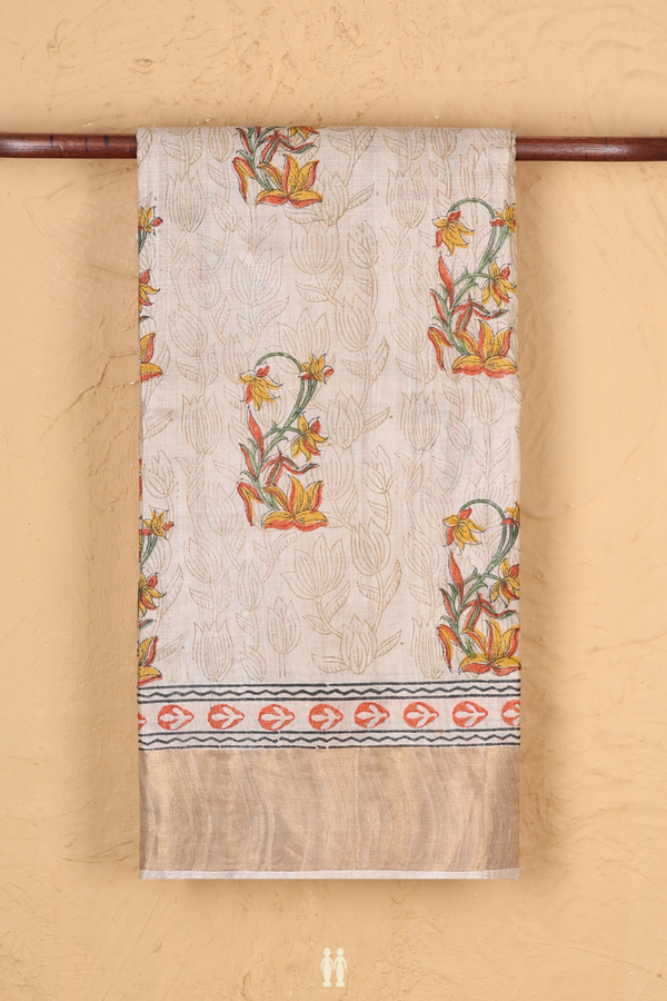 Tussar Silk Saree In Cream Color With Floral Motifs