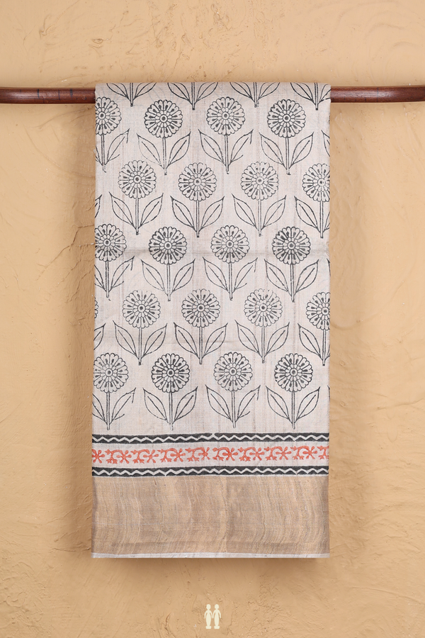 Tussar Silk Saree In Cream Color With Floral Design