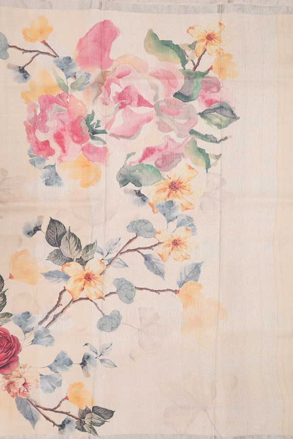 Tussar Silk Saree In Cream Color With Floral Design