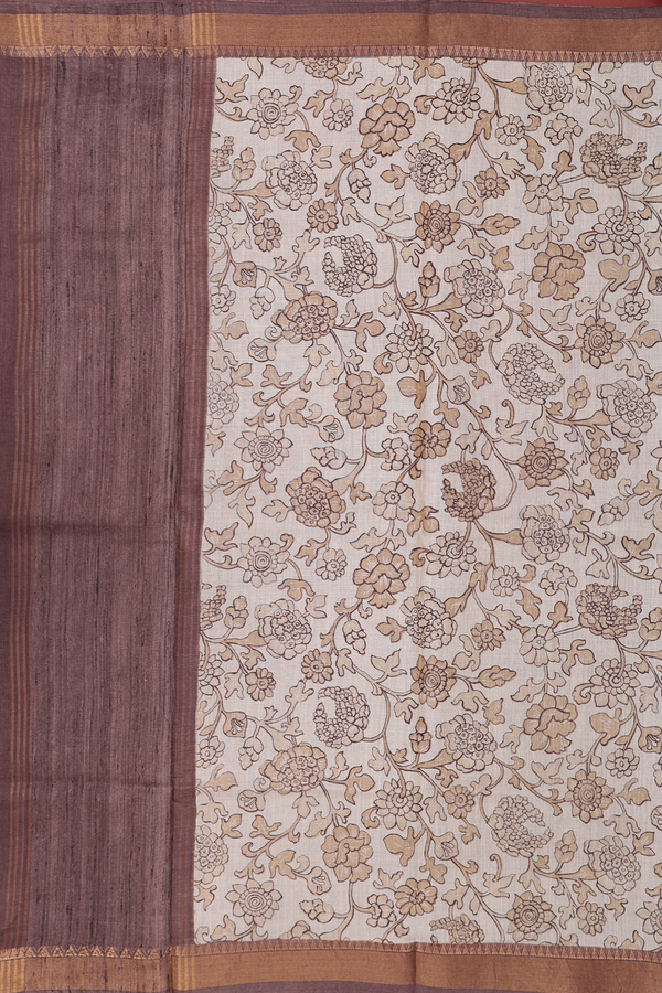 Tussar Silk Saree In Cream Color With Floral Design