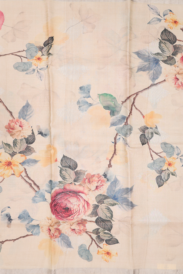 Tussar Silk Saree In Cream Color With Floral Design