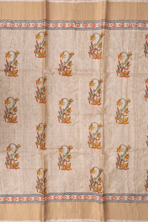 Tussar Silk Saree In Cream Color With Floral Motifs