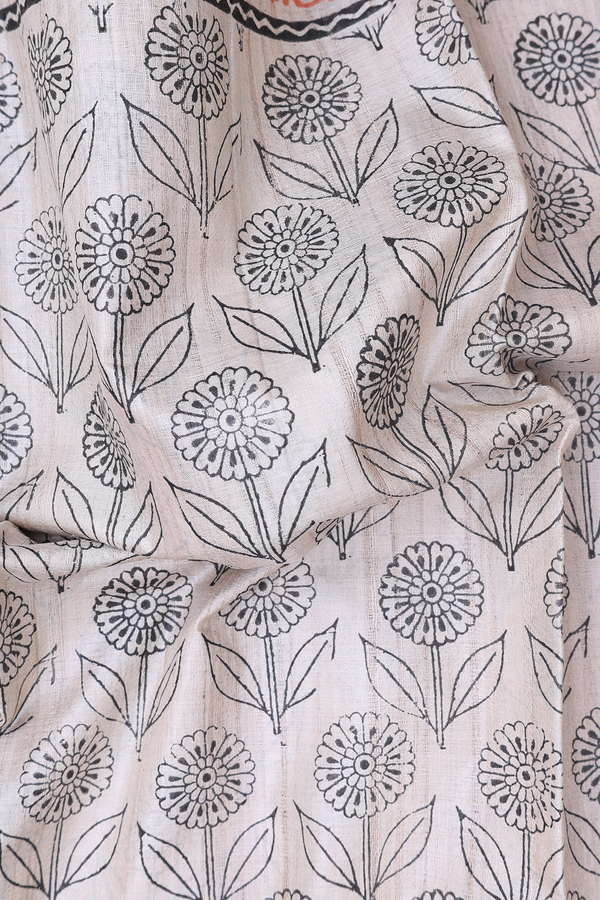 Tussar Silk Saree In Cream Color With Floral Design