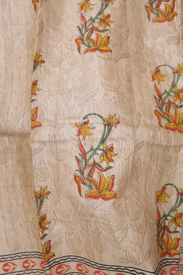 Tussar Silk Saree In Cream Color With Floral Motifs