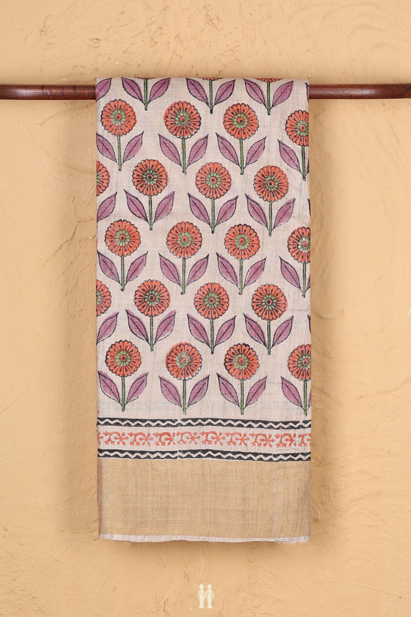 Tussar Silk Saree In Cream Color With Floral Printed Design