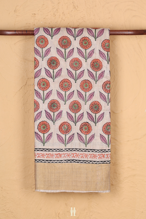 Tussar Silk Saree In Cream Color With Floral Printed Design