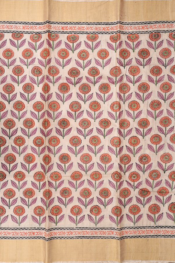 Tussar Silk Saree In Cream Color With Floral Printed Design