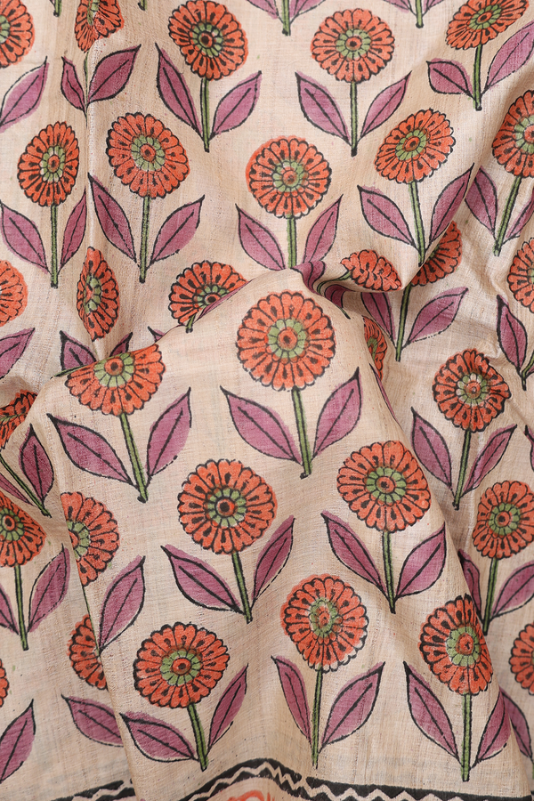 Tussar Silk Saree In Cream Color With Floral Printed Design