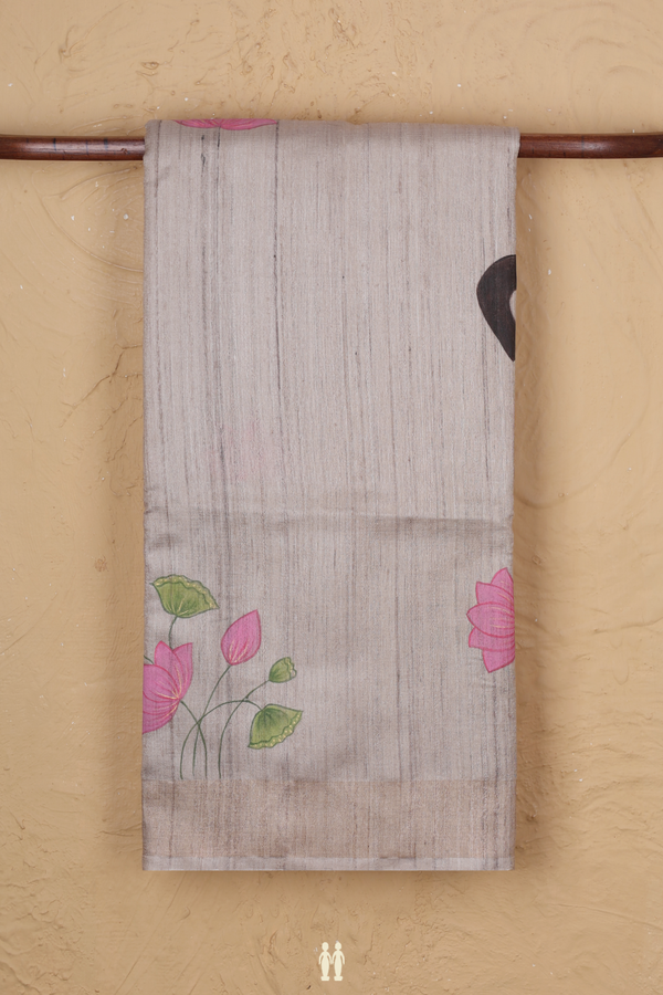 Tussar Silk Saree In Cream Color With Hand Painted Design