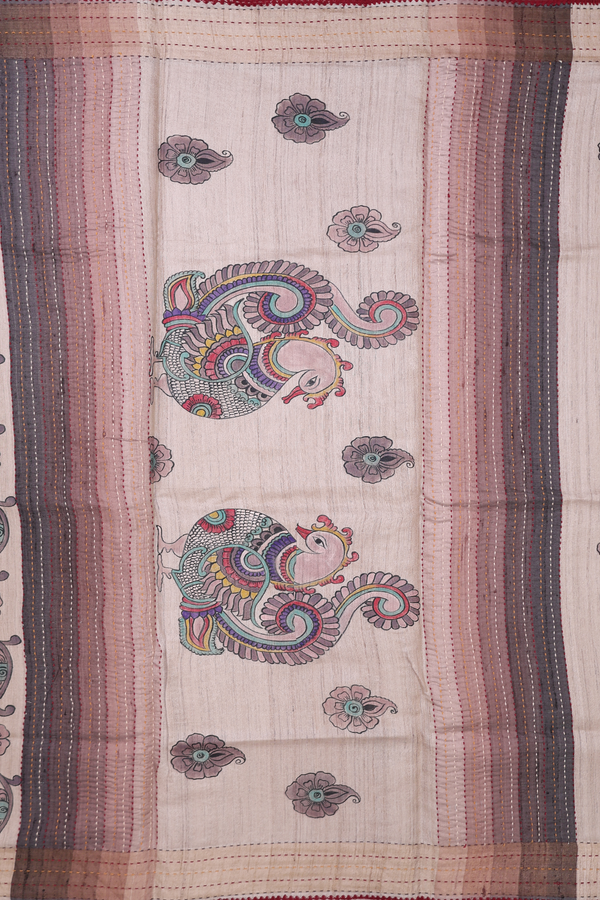Tussar Silk Saree In Cream Color With Hand Painted Design