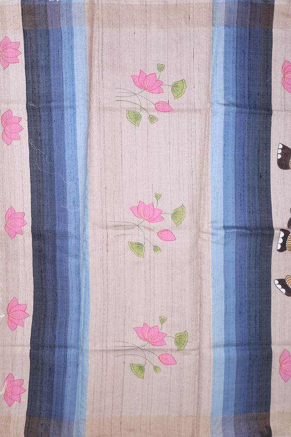 Tussar Silk Saree In Cream Color With Hand Painted Design