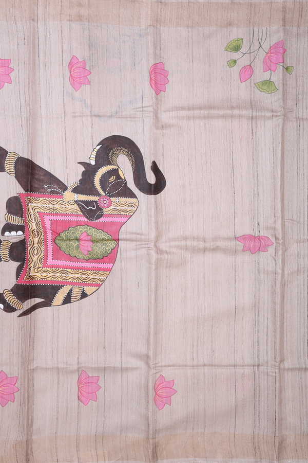 Tussar Silk Saree In Cream Color With Hand Painted Design