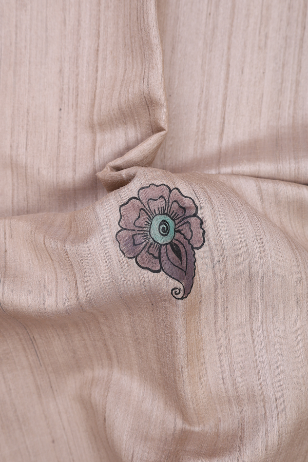 Tussar Silk Saree In Cream Color With Hand Painted Design