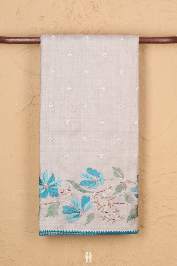 Tussar Silk Saree In Off White With Floral Embroidered Buttas