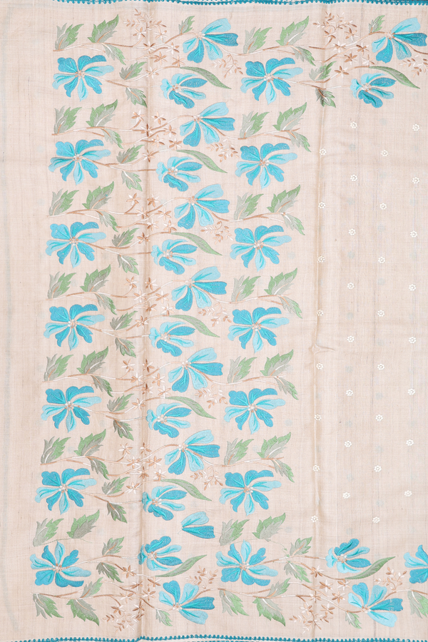 Tussar Silk Saree In Off White With Floral Embroidered Buttas