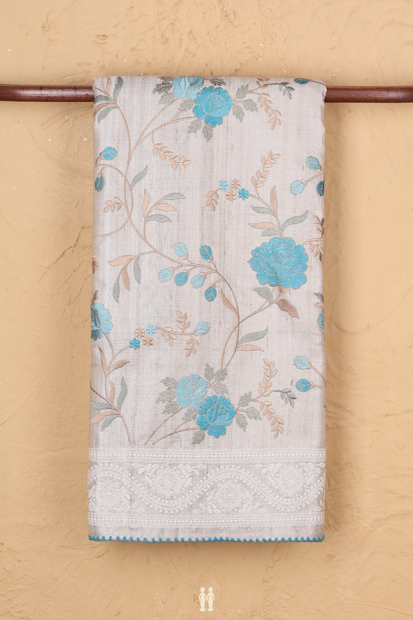 Tussar Silk Saree In Off White With Floral Embroidered Design