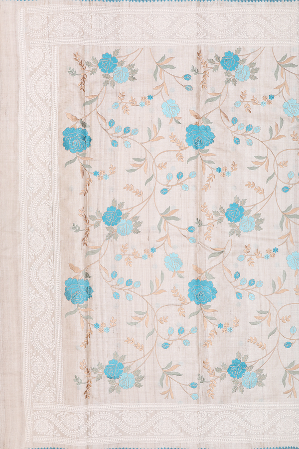 Tussar Silk Saree In Off White With Floral Embroidered Design