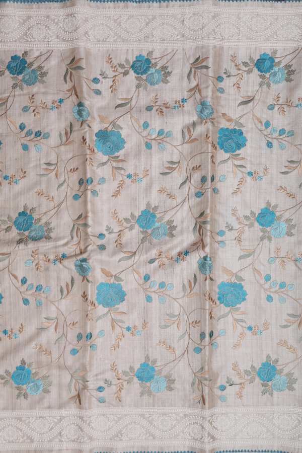 Tussar Silk Saree In Off White With Floral Embroidered Design