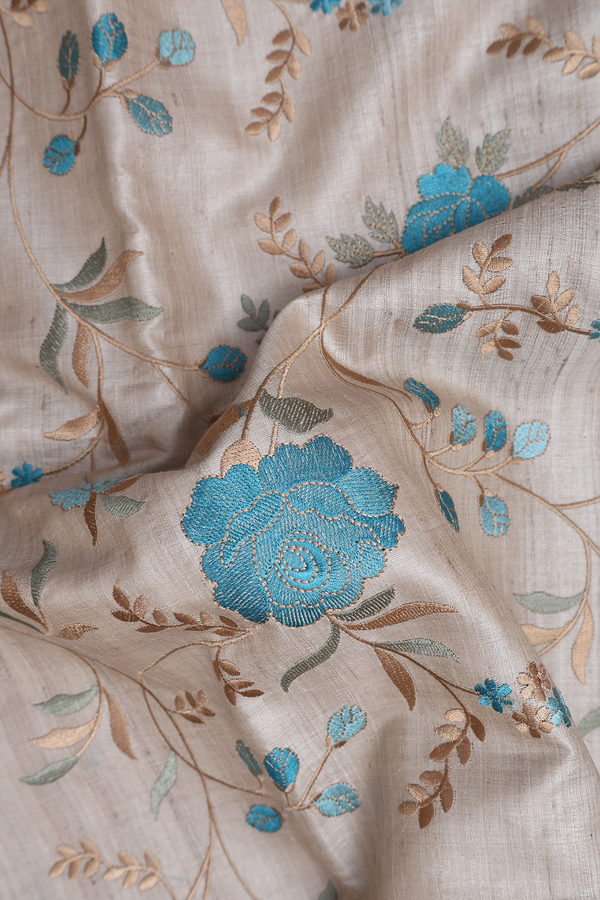 Tussar Silk Saree In Off White With Floral Embroidered Design