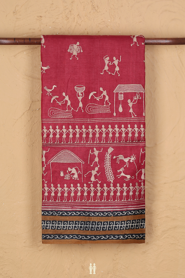 Tussar Silk Saree In Crimson Red With Warli Embroidered Design