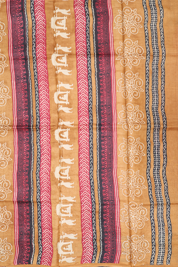 Tussar Silk Saree In Crimson Red With Warli Embroidered Design