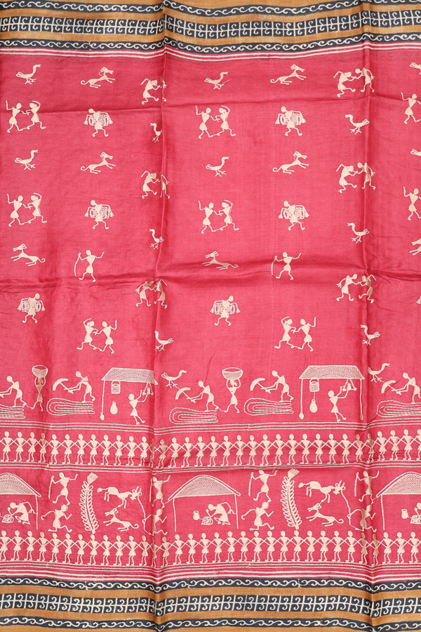 Tussar Silk Saree In Crimson Red With Warli Embroidered Design