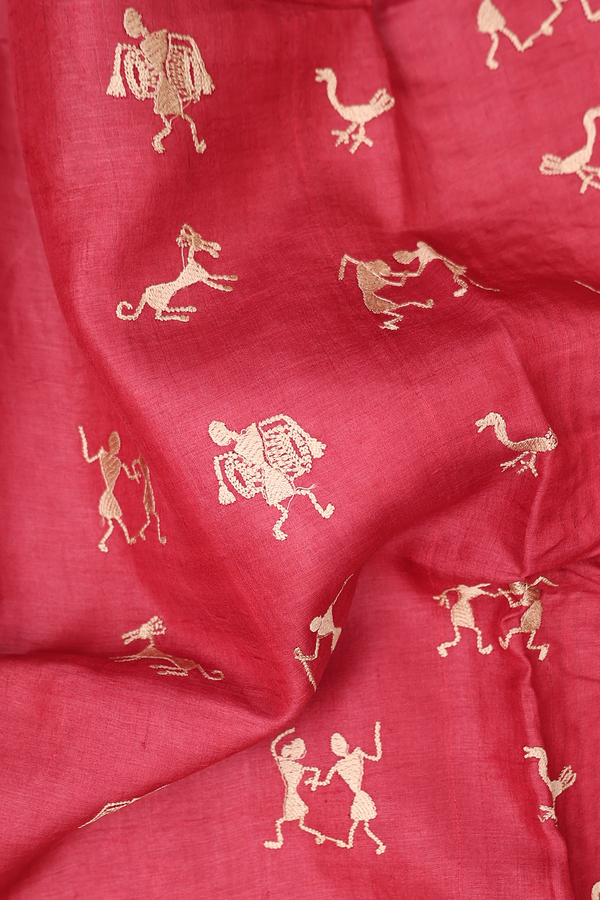 Tussar Silk Saree In Crimson Red With Warli Embroidered Design