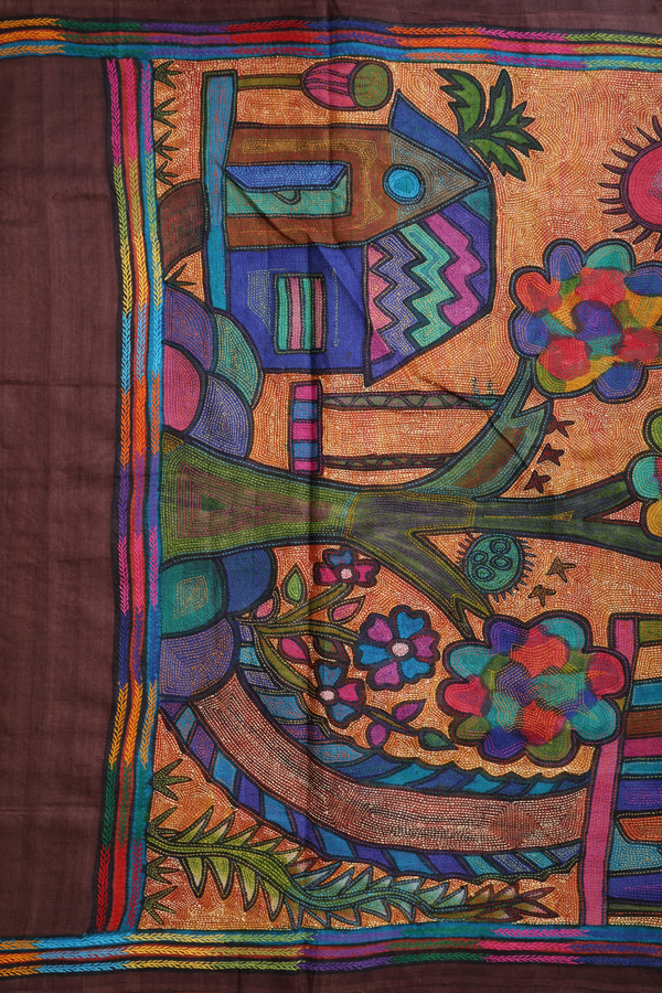 Tussar Silk Saree In Dark Brown With Floral Design