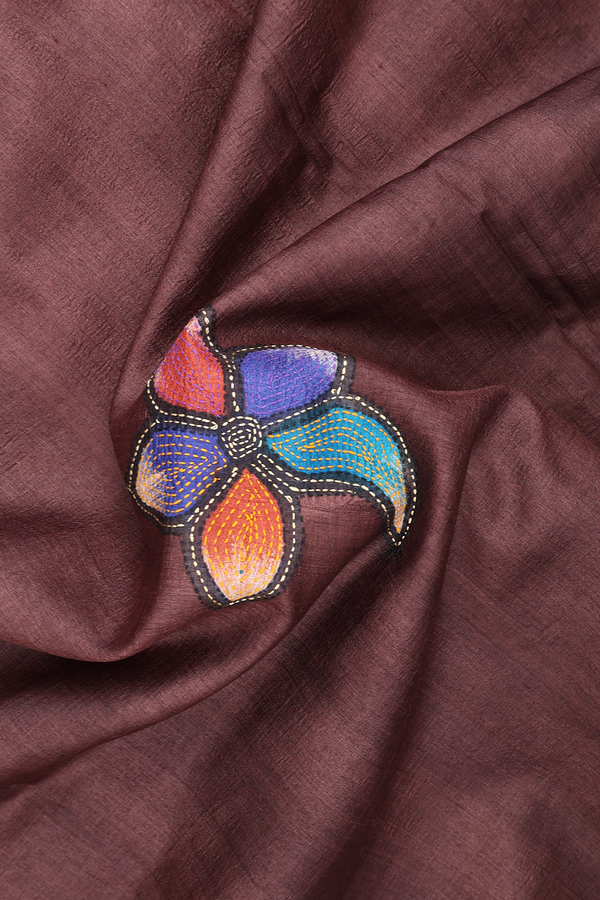Tussar Silk Saree In Dark Brown With Floral Design