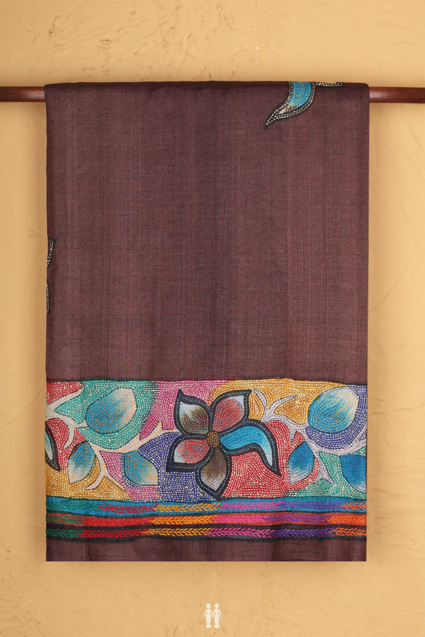 Tussar Silk Saree In Dark Brown With Floral Design