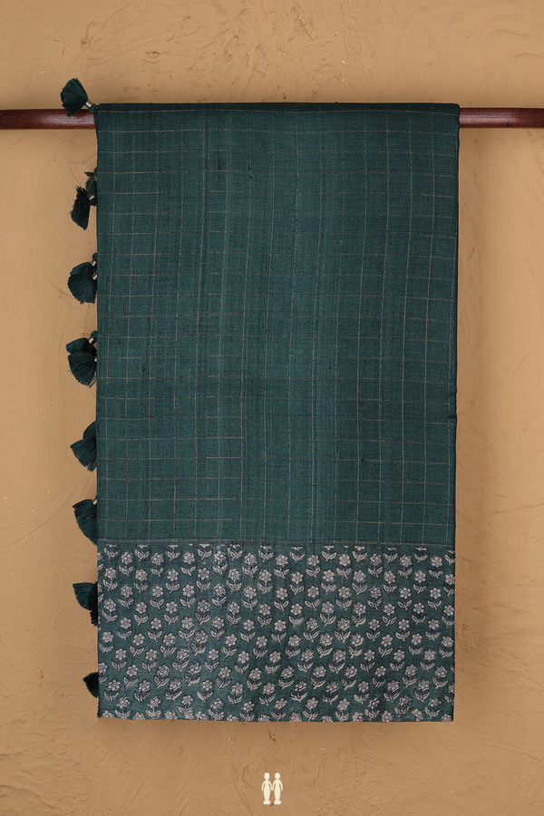 Tussar Silk Saree In Dark Green With Checks Design