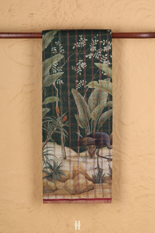 Tussar Silk Saree In Dark Green With Checks Design