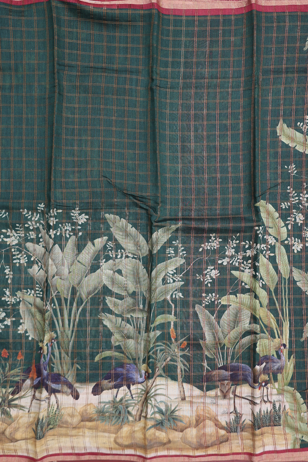 Tussar Silk Saree In Dark Green With Checks Design