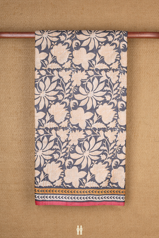 Tussar Silk Saree In Dark Grey With Floral Printed Design