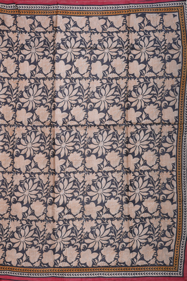Tussar Silk Saree In Dark Grey With Floral Printed Design