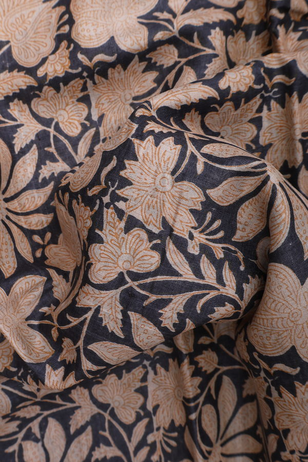 Tussar Silk Saree In Dark Grey With Floral Printed Design