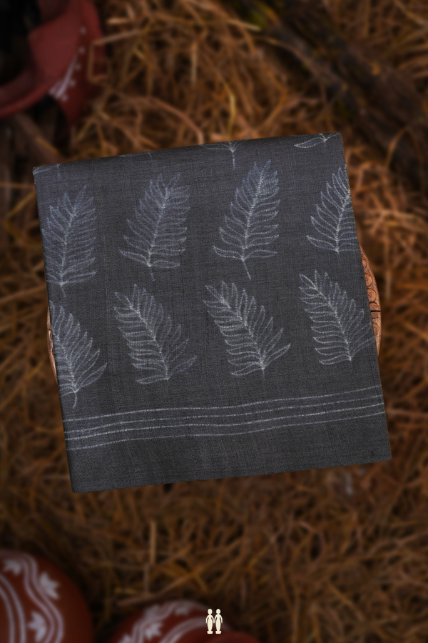 Tussar Silk Saree In Dark Grey With Leaf Shibori Design