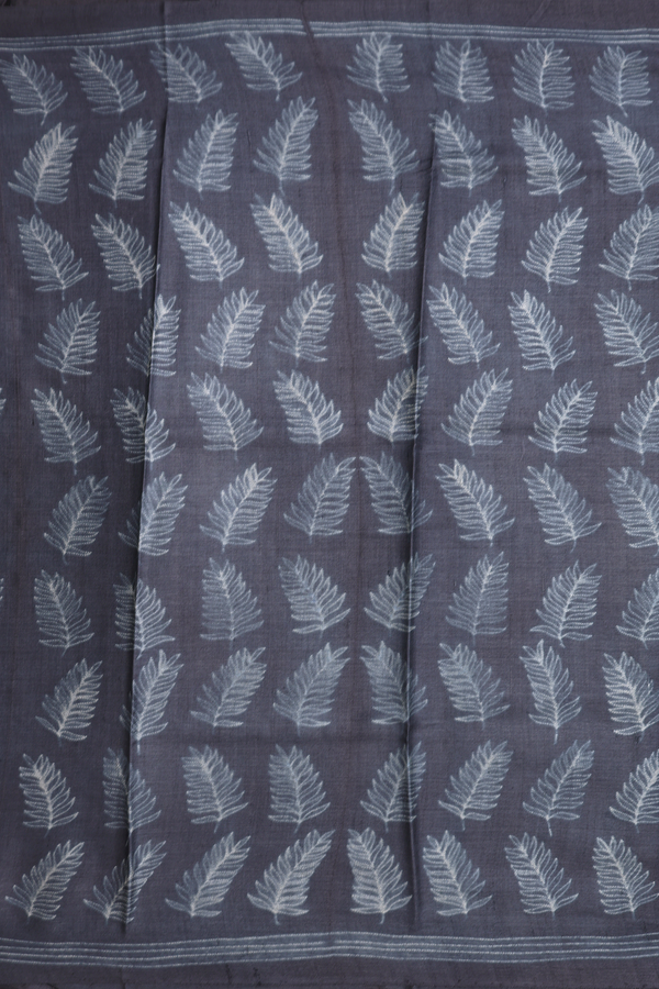 Tussar Silk Saree In Dark Grey With Leaf Shibori Design
