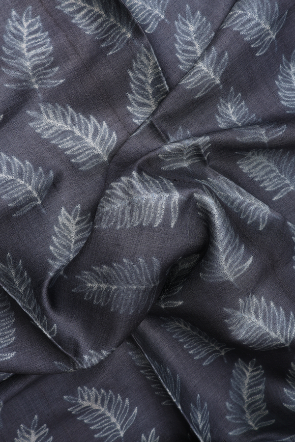 Tussar Silk Saree In Dark Grey With Leaf Shibori Design