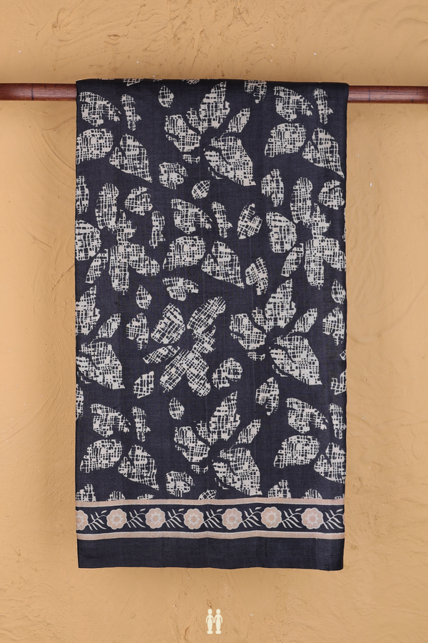 Tussar Silk Saree In Dark Grey With Printed Design