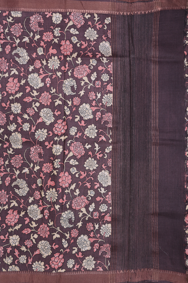 Tussar Silk Saree In Dark Oak Brown With Floral Design