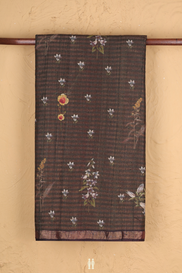 Tussar Silk Saree In Dark Olive Green With Floral Design