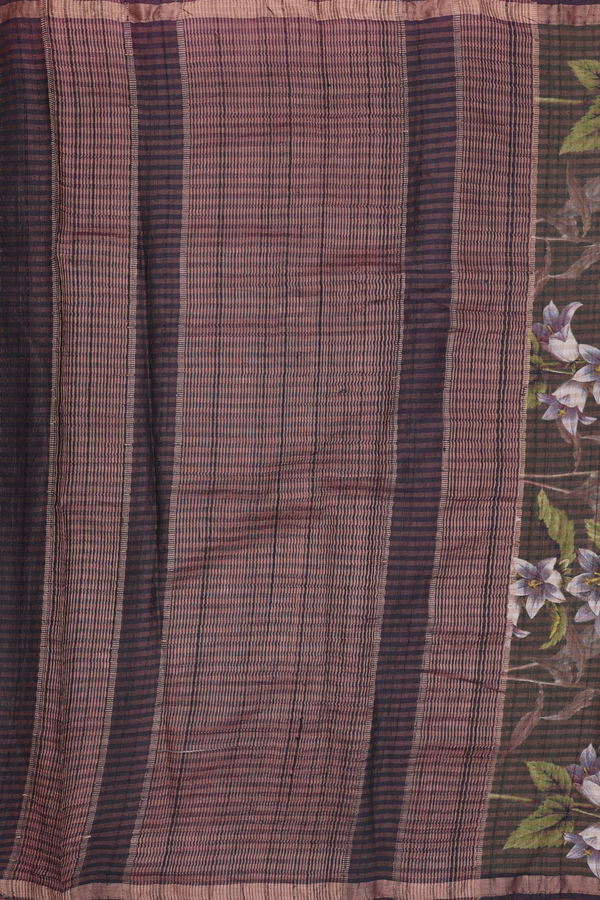 Tussar Silk Saree In Dark Olive Green With Floral Design