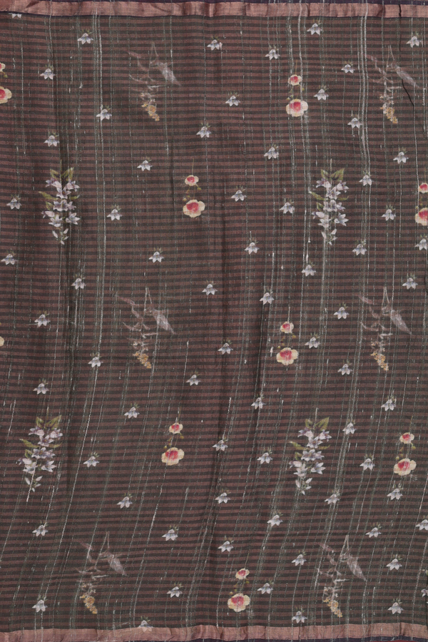 Tussar Silk Saree In Dark Olive Green With Floral Design