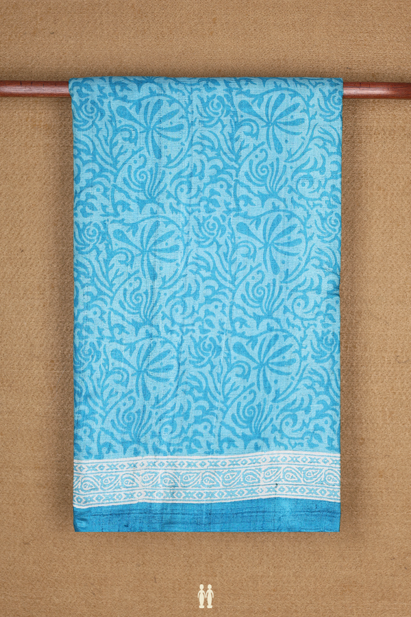Tussar Silk Saree In Deep Sky Blue With Printed Design