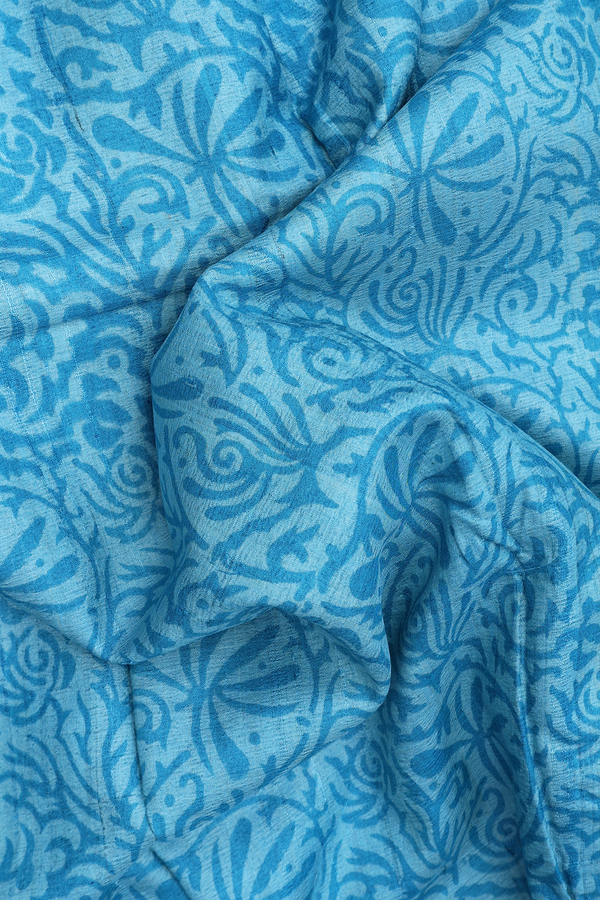 Tussar Silk Saree In Deep Sky Blue With Printed Design