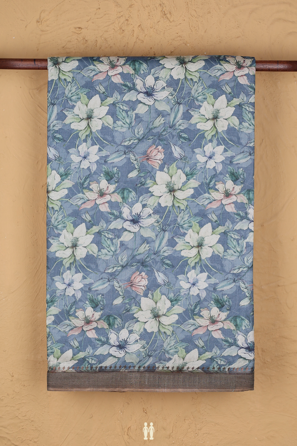 Tussar Silk Saree In Dusty Blue With Floral Design